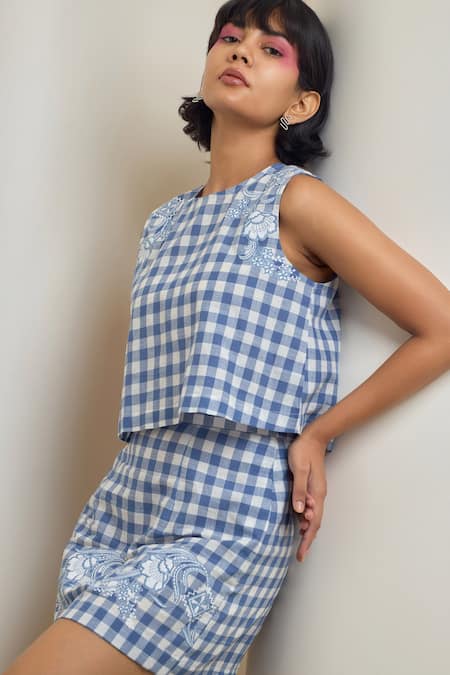 Shop_Maisolos_Blue Cotton Embroidery Round Neck Gingham Top And Skirt Set _Online_at_Aza_Fashions