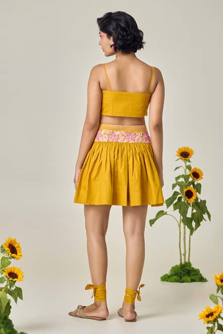 Shop_Maisolos_Mustard Cotton, Linen Embroidery Open Neck Floral Tube Top And Skirt Set _at_Aza_Fashions