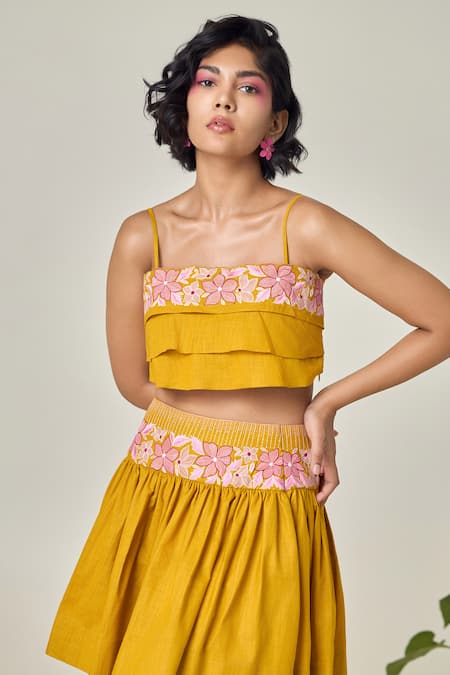 Buy_Maisolos_Mustard Cotton, Linen Embroidery Open Neck Floral Tube Top And Skirt Set _Online_at_Aza_Fashions