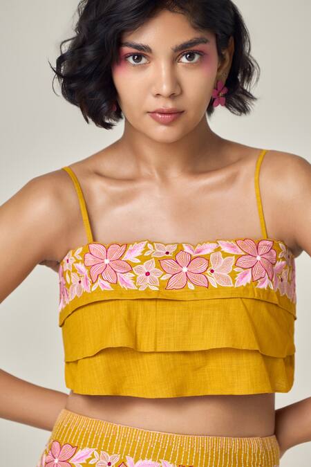 Shop_Maisolos_Mustard Cotton, Linen Embroidery Open Neck Floral Tube Top And Skirt Set _Online_at_Aza_Fashions