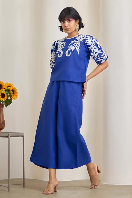 Maisolos_Blue Cotton, Linen Embroidery Round Neck Top And Pant Set _Online_at_Aza_Fashions