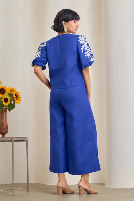 Shop_Maisolos_Blue Cotton, Linen Embroidery Round Neck Top And Pant Set _at_Aza_Fashions
