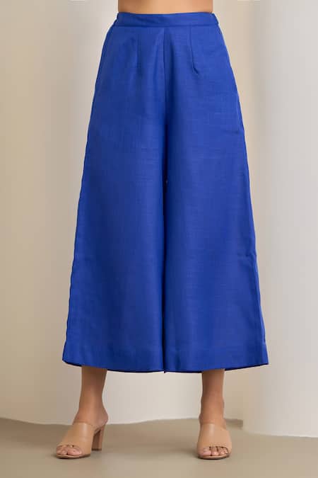 Buy_Maisolos_Blue Cotton, Linen Embroidery Round Neck Top And Pant Set _Online_at_Aza_Fashions