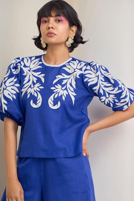 Shop_Maisolos_Blue Cotton, Linen Embroidery Round Neck Top And Pant Set _Online_at_Aza_Fashions