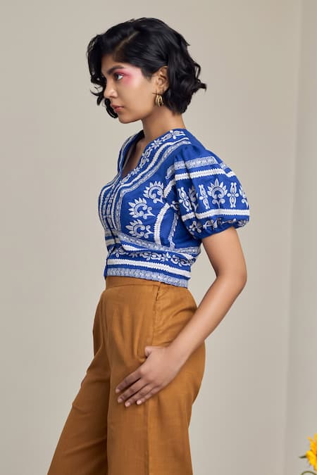 Maisolos_Blue Cotton, Linen Embroidery V-neck Top _Online_at_Aza_Fashions