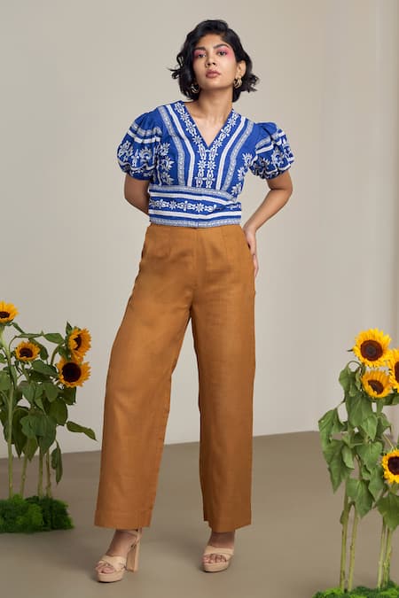 Buy_Maisolos_Blue Cotton, Linen Embroidery V-neck Top _Online_at_Aza_Fashions