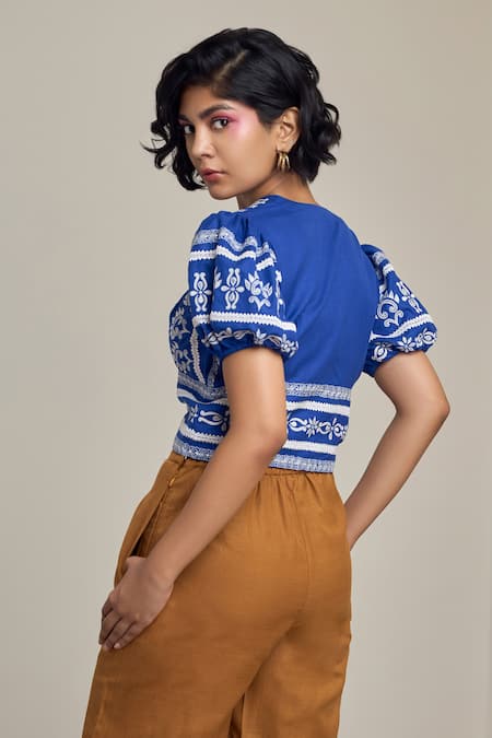 Shop_Maisolos_Blue Cotton, Linen Embroidery V-neck Top _at_Aza_Fashions