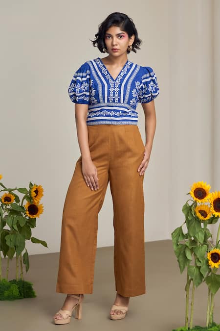 Shop_Maisolos_Blue Cotton, Linen Embroidery V-neck Top _Online_at_Aza_Fashions
