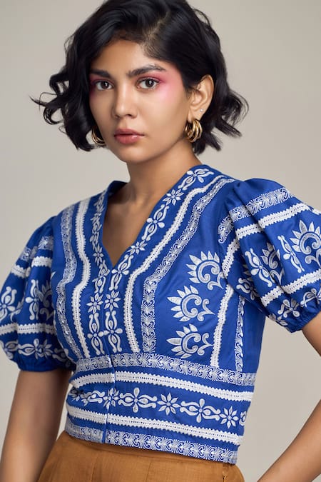 Maisolos_Blue Cotton, Linen Embroidery V-neck Top _at_Aza_Fashions