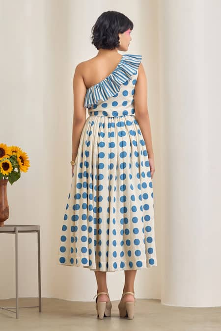 Shop_Maisolos_White Cotton One Shoulder Blue Polka Dot Crop Top And Skirt Set _at_Aza_Fashions