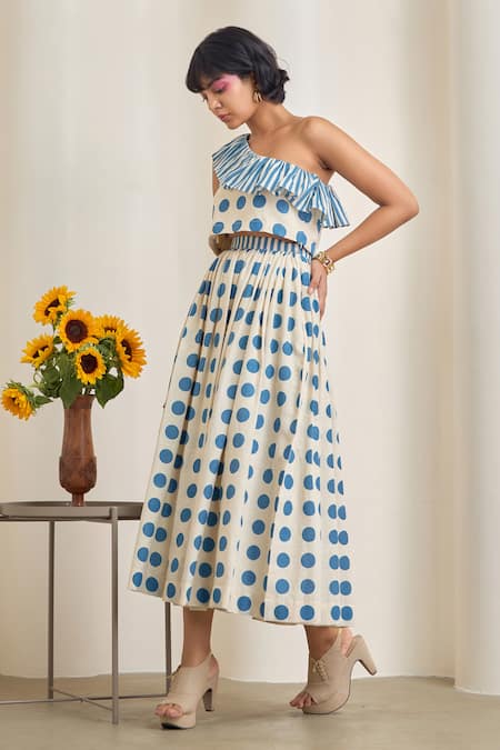 Maisolos_White Cotton One Shoulder Blue Polka Dot Crop Top And Skirt Set _Online_at_Aza_Fashions