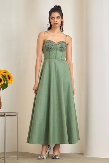 MAISOLOS Green Cotton, Linen Embroidery Sweetheart Neck Sage Maxi Dress 