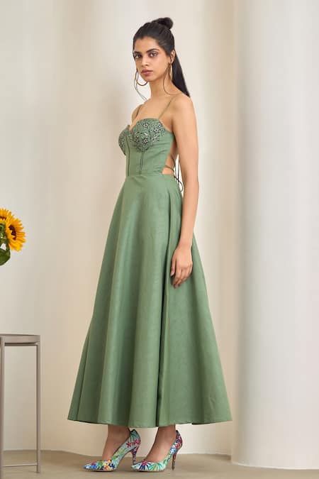 Maisolos Green Cotton, Linen Embroidery Sweetheart Neck Sage Maxi Dress Online at Aza Fashions Maisolos_Green Cotton, Linen Embroidery Sweetheart Neck Sage Maxi Dress _Online_at_Aza_Fashions