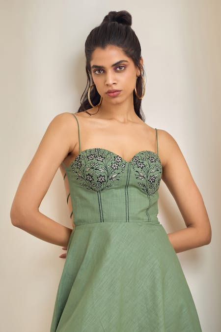 Shop Maisolos Green Cotton, Linen Embroidery Sweetheart Neck Sage Maxi Dress Online at Aza Fashions Shop_Maisolos_Green Cotton, Linen Embroidery Sweetheart Neck Sage Maxi Dress _Online_at_Aza_Fashions
