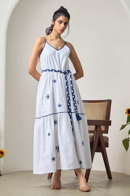 MAISOLOS White Linen Embroidery V-neck Maxi Dress 