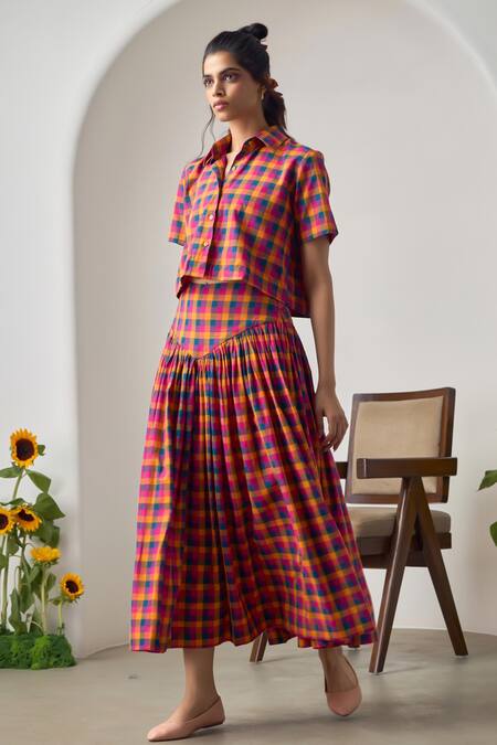 Maisolos_Multi Color Cotton Collared Multi-colour Cropped Shirt And Skirt Set _Online_at_Aza_Fashions