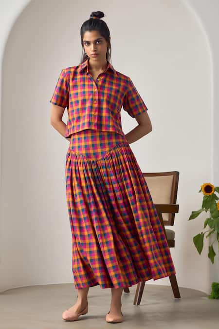 Buy_Maisolos_Multi Color Cotton Collared Multi-colour Cropped Shirt And Skirt Set _Online_at_Aza_Fashions