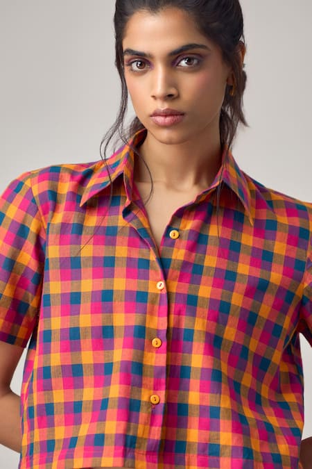 Maisolos_Multi Color Cotton Collared Multi-colour Cropped Shirt And Skirt Set _at_Aza_Fashions