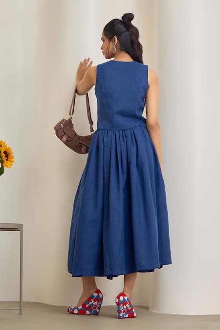 Maisolos Navy Blue Jute Linen Skirt Set 