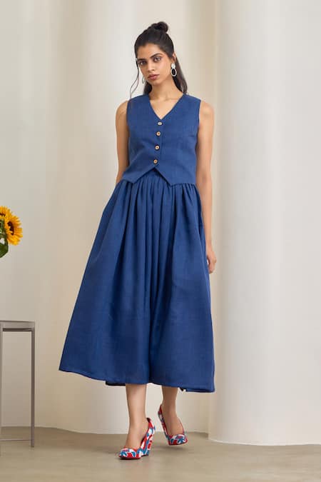 Maisolos_Navy Linen Beads V-neck Blue Jute Skirt Set _Online_at_Aza_Fashions