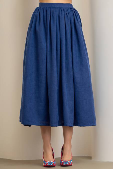 Buy_Maisolos_Navy Linen Beads V-neck Blue Jute Skirt Set _Online_at_Aza_Fashions