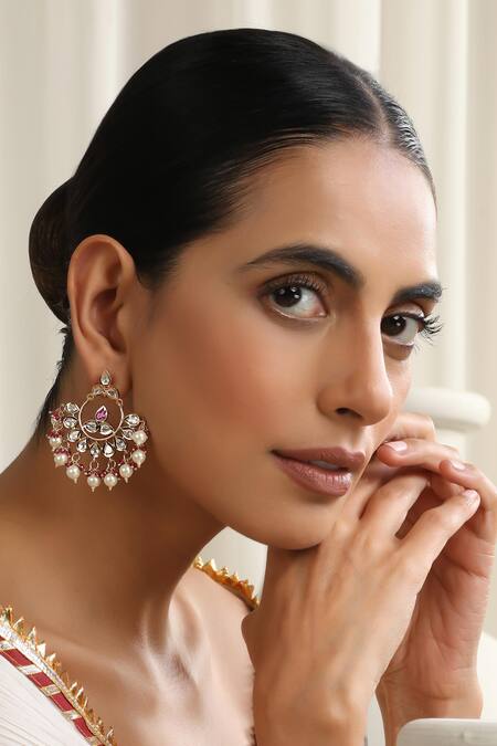 Swabhimann_Red Diamonds, Pearls Polki Chandbali Earrings _Online_at_Aza_Fashions
