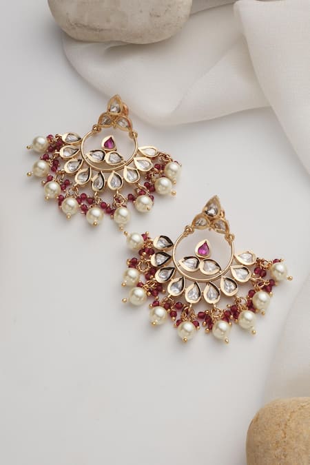 Shop_Swabhimann_Red Diamonds, Pearls Polki Chandbali Earrings _at_Aza_Fashions