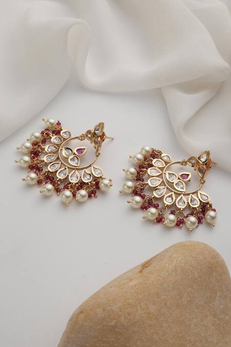 Buy_Swabhimann_Red Diamonds, Pearls Polki Chandbali Earrings _Online_at_Aza_Fashions