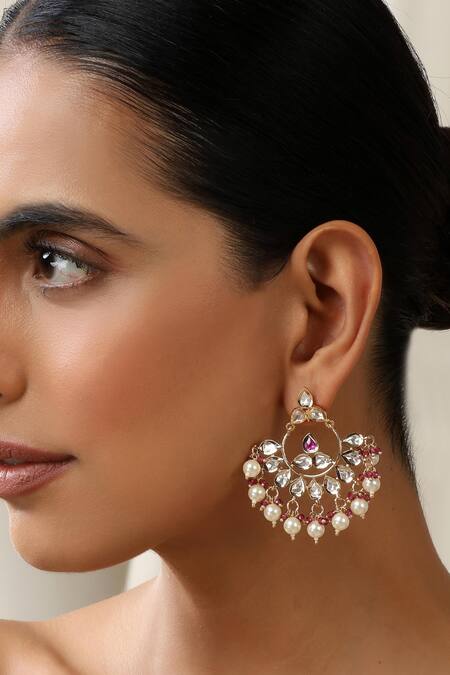 Shop_Swabhimann_Red Diamonds, Pearls Polki Chandbali Earrings _Online_at_Aza_Fashions