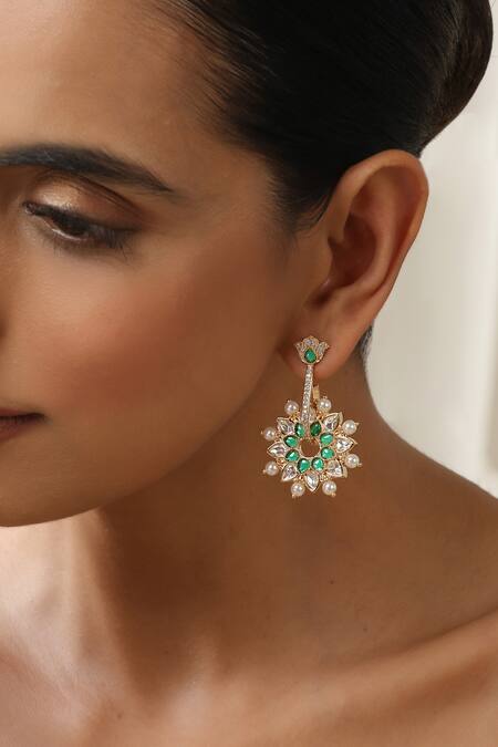 Swabhimann Green Stones, Pearls Polki Dangler Earrings Online at Aza Fashions Swabhimann_Green Stones, Pearls Polki Dangler Earrings _Online_at_Aza_Fashions