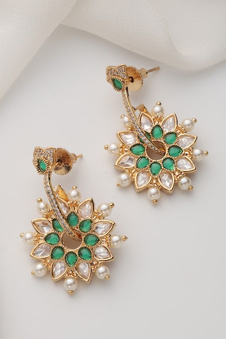 Shop Swabhimann Green Stones, Pearls Polki Dangler Earrings at Aza Fashions Shop_Swabhimann_Green Stones, Pearls Polki Dangler Earrings _at_Aza_Fashions