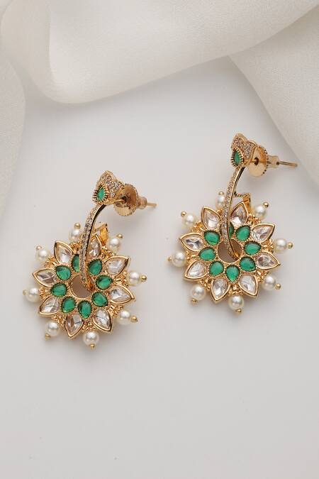 Shop Swabhimann Green Stones, Pearls Polki Dangler Earrings Online at Aza Fashions Shop_Swabhimann_Green Stones, Pearls Polki Dangler Earrings _Online_at_Aza_Fashions