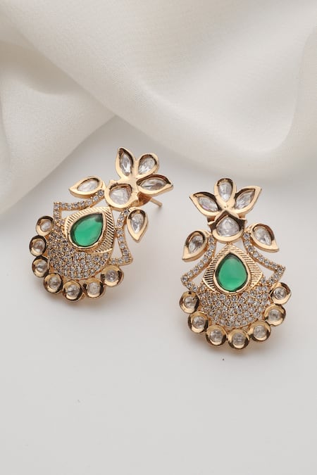 Shop Swabhimann Green Stones Rose Gold Polki Stud Earrings at Aza Fashions Shop_Swabhimann_Green Stones Rose Gold Polki Stud Earrings _at_Aza_Fashions