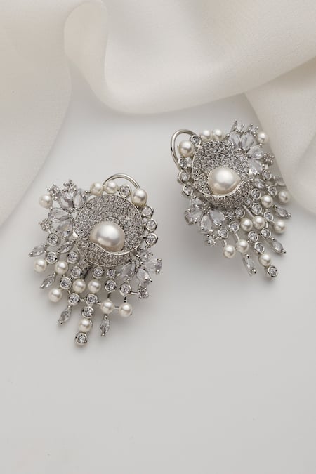 SWABHIMANN Silver Plated Crystals, Pearls Zirconia Dangler Earrings 