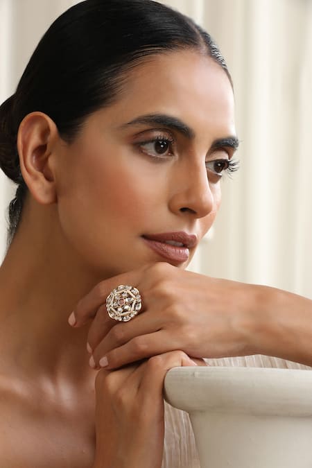 SWABHIMANN Pink Stones Rose Gold Polki Ring 
