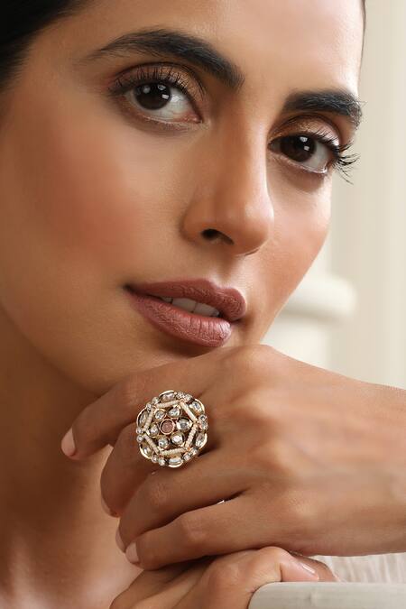 Buy_Swabhimann_Pink Stones Rose Gold Polki Ring_Online_at_Aza_Fashions