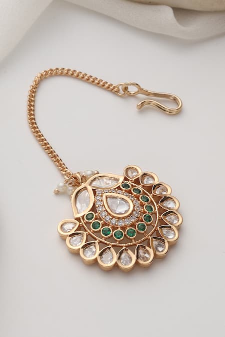 Shop Swabhimann Green Polki Maang Tikka at Aza Fashions Shop_Swabhimann_Green Polki Maang Tikka _at_Aza_Fashions