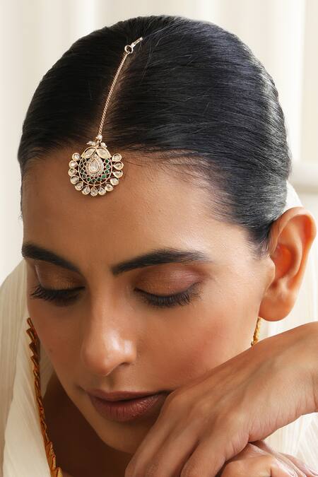 Shop Swabhimann Green Polki Maang Tikka Online at Aza Fashions Shop_Swabhimann_Green Polki Maang Tikka _Online_at_Aza_Fashions