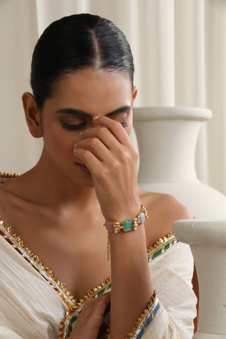 SWABHIMANN Multi Color Stones, Pearls Multicolour Zirconia Bracelet 