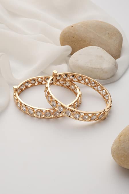 Swabhimann_Rose Gold Crystals Embellished Polki Bangles _Online_at_Aza_Fashions