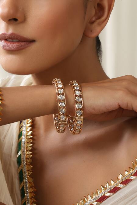 Shop_Swabhimann_Rose Gold Crystals Embellished Polki Bangles _Online_at_Aza_Fashions