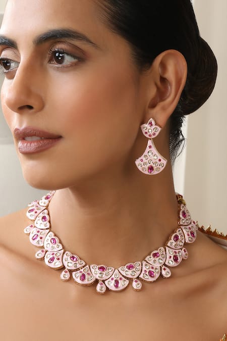 Swabhimann Pink Stones Rose Gold Polki Necklace Set Online at Aza Fashions Swabhimann_Pink Stones Rose Gold Polki Necklace Set _Online_at_Aza_Fashions