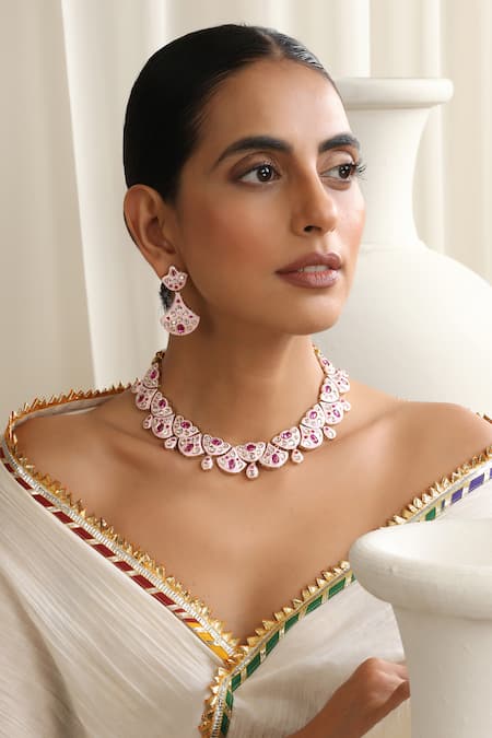 Buy Swabhimann Pink Stones Rose Gold Polki Necklace Set Online at Aza Fashions Buy_Swabhimann_Pink Stones Rose Gold Polki Necklace Set _Online_at_Aza_Fashions