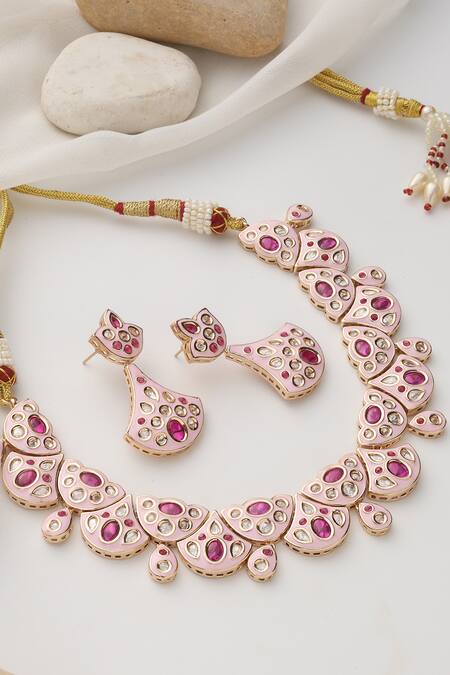 Shop Swabhimann Pink Stones Rose Gold Polki Necklace Set Online at Aza Fashions Shop_Swabhimann_Pink Stones Rose Gold Polki Necklace Set _Online_at_Aza_Fashions