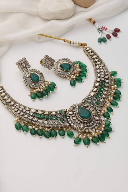 Swabhimann_Green Stones, Beads Gold Polki Necklace Set_Online_at_Aza_Fashions