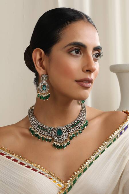 Buy_Swabhimann_Green Stones, Beads Gold Polki Necklace Set_Online_at_Aza_Fashions