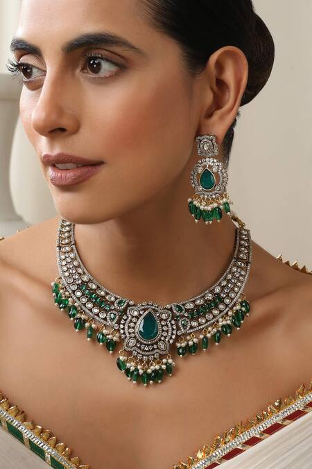 Shop_Swabhimann_Green Stones, Beads Gold Polki Necklace Set_Online_at_Aza_Fashions