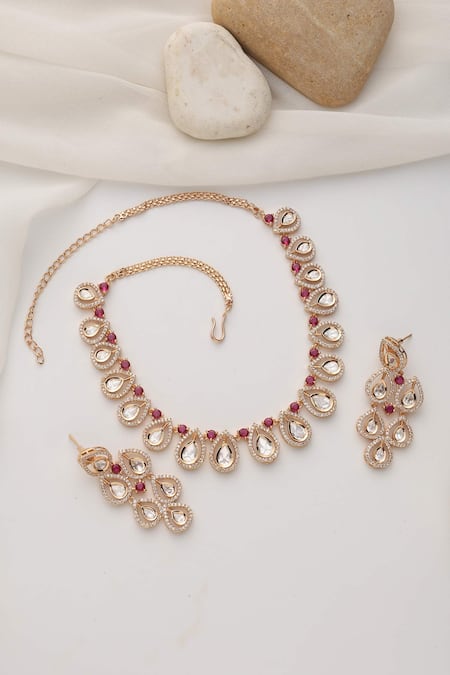 Swabhimann Red Stones Rose Gold Polki Necklace Set Online at Aza Fashions Swabhimann_Red Stones Rose Gold Polki Necklace Set _Online_at_Aza_Fashions
