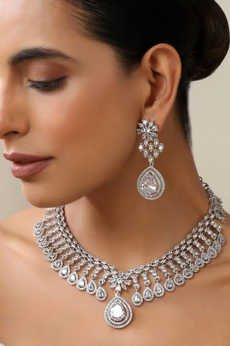 Swabhimann Silver Plated Crystals White Zirconia Necklace Set Online at Aza Fashions Swabhimann_Silver Plated Crystals White Zirconia Necklace Set _Online_at_Aza_Fashions