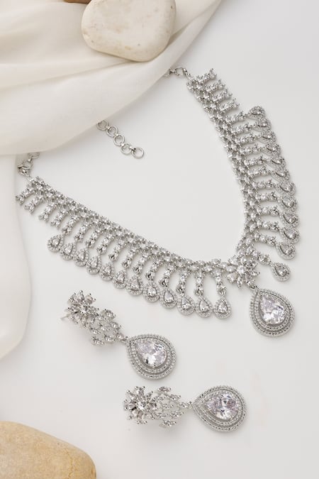 Shop Swabhimann Silver Plated Crystals White Zirconia Necklace Set at Aza Fashions Shop_Swabhimann_Silver Plated Crystals White Zirconia Necklace Set _at_Aza_Fashions